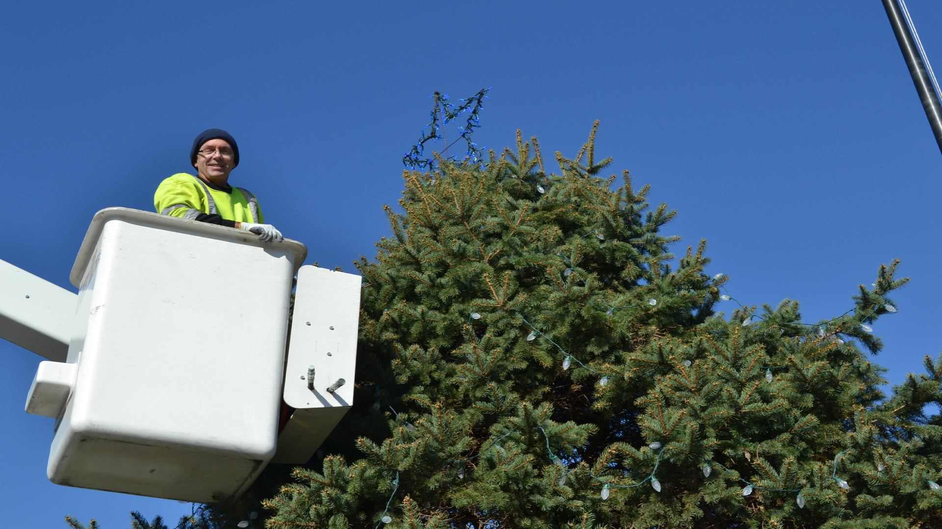 Picture of street worker working on a Christmas tree